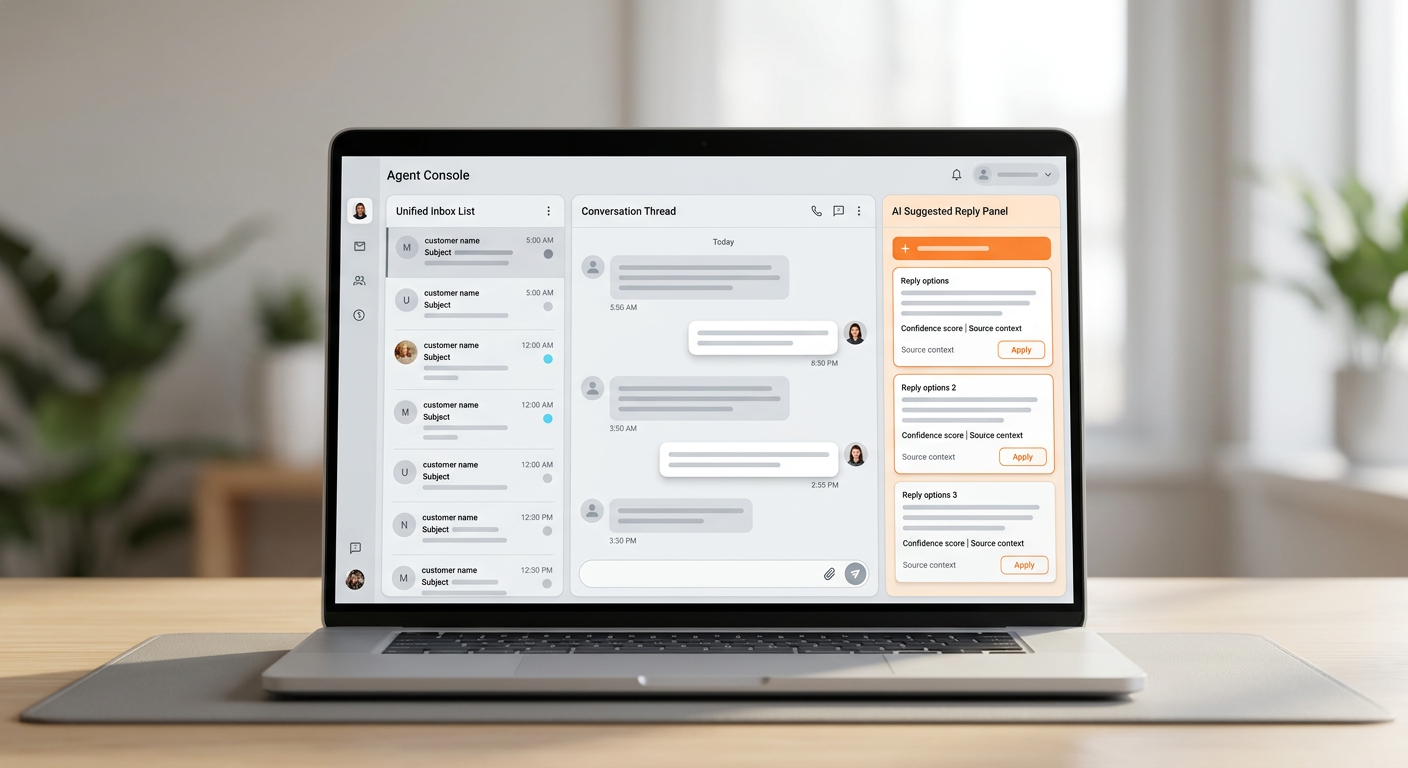 Unified agent console with inbox, conversation thread and AI suggested replies