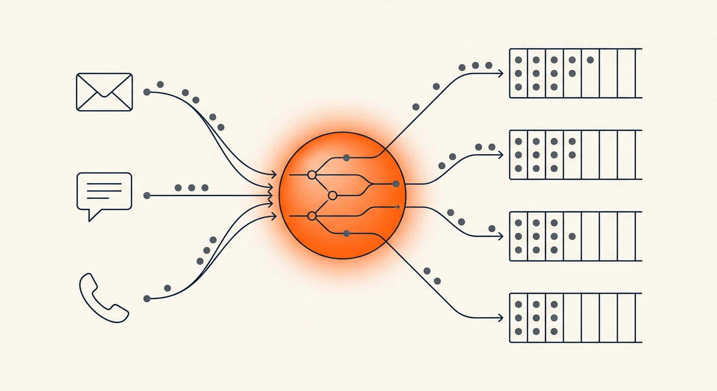 Messages from multiple channels routed through an AI node into organised queues