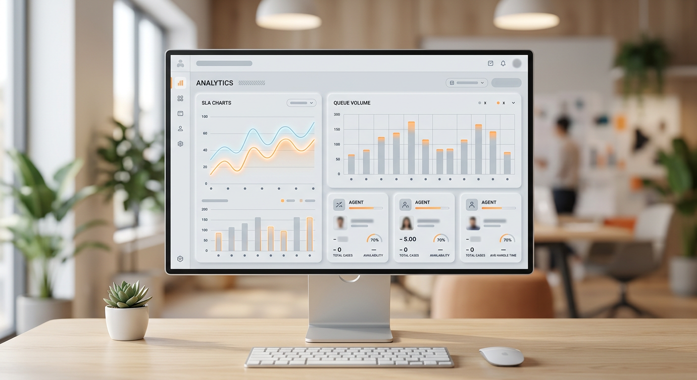 Operations dashboard showing SLA, queue volume and agent performance