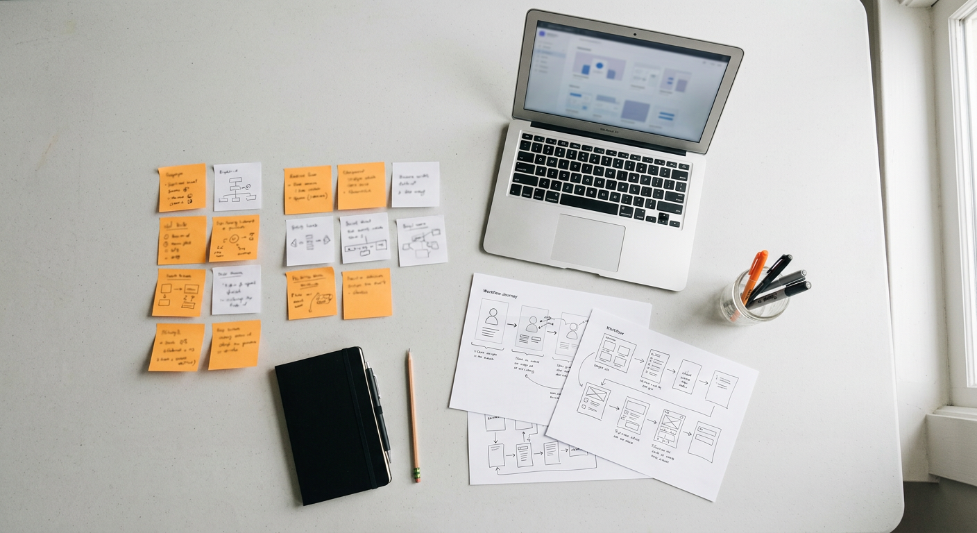 Research workshop table with sticky notes and workflow diagrams