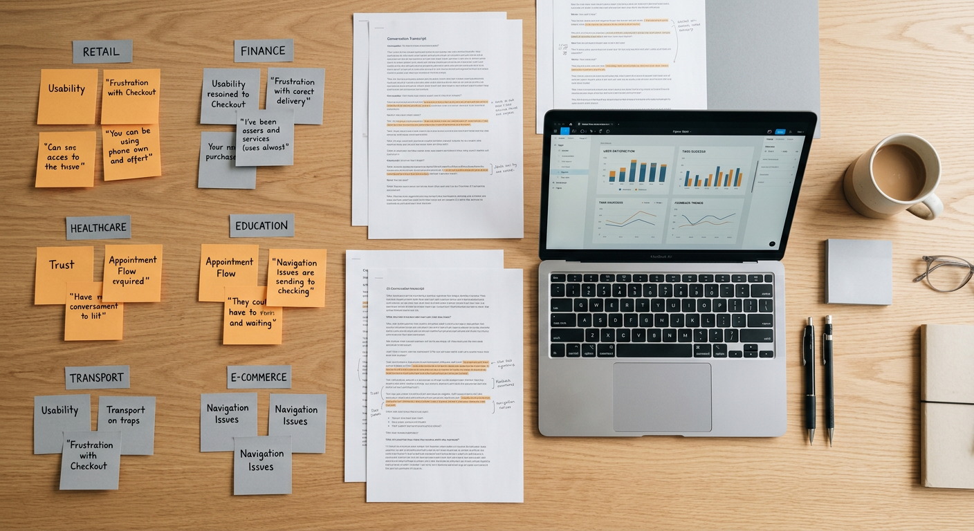Research workspace with conversation transcripts and sticky notes clustered by industry